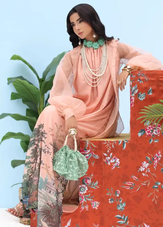 Resort by Musferah Pret Printed Organza 2 Piece Suit Coral Horizon